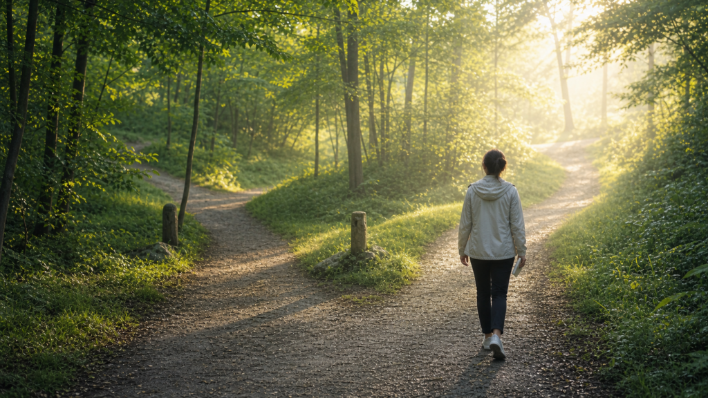 朝の森で道が分かれる場所を歩く人物。トラウマ転換ウォーキングを続けて心の問題解決力を育てるイメージ。