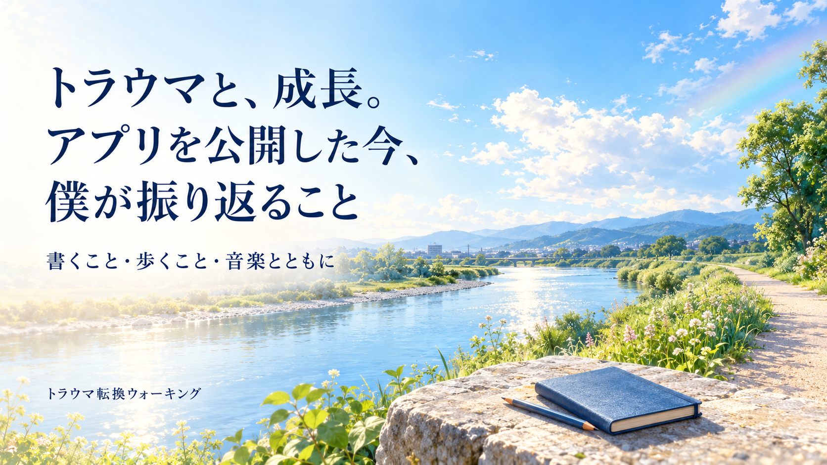 青空の下の河川敷の道とノートを描いた概念イラスト。「トラウマと、成長。アプリを公開した今、僕が振り返ること」と記している。